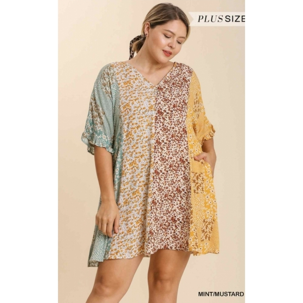 LAST ONE! NEW Umgee Plus Mixed Floral Print Ruffle Dress Pockets - Picture 6 of 12